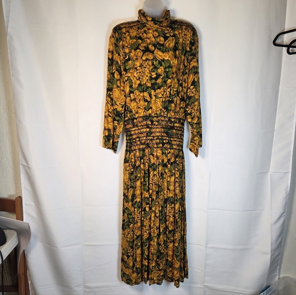 Vintage Barboglio Long Sleeve High Neck Maxi Dress Colorful Yellow Black Flowers - Picture 2 of 7